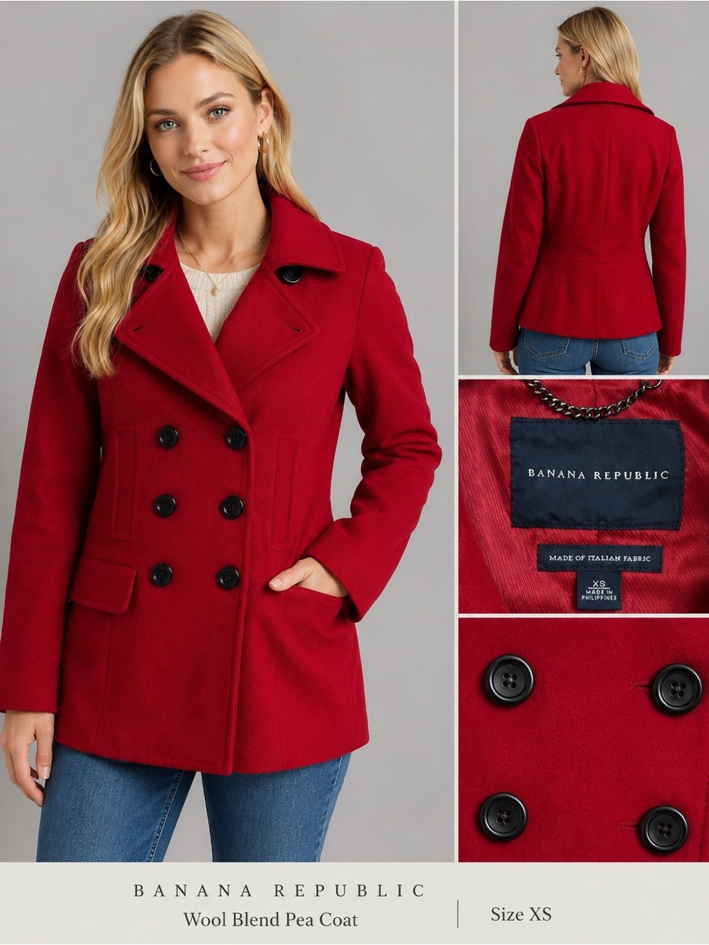 Banana Republic Wool Blend Peacoat Red XS Classic Double Breasted Coat - Picture 9 of 9